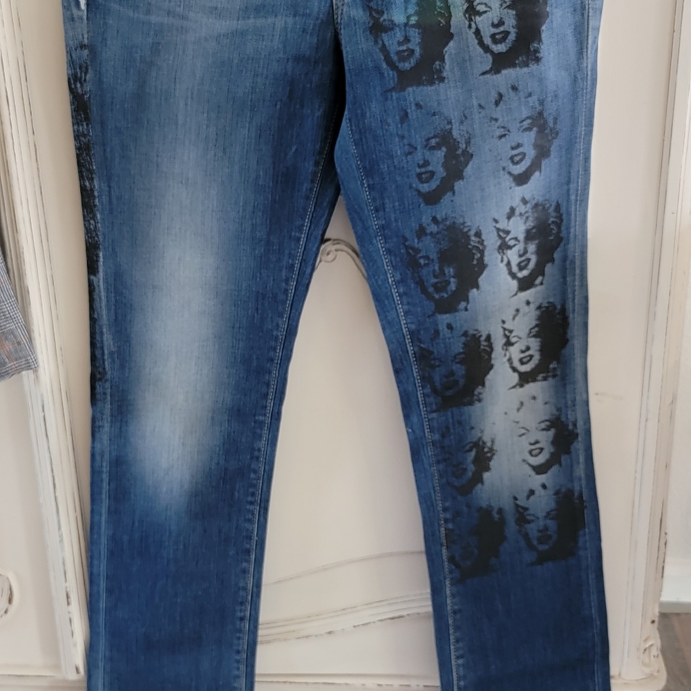 Women’s Blue Washed Graphic Jeans with Andy Warhol Marilyn MONROE print